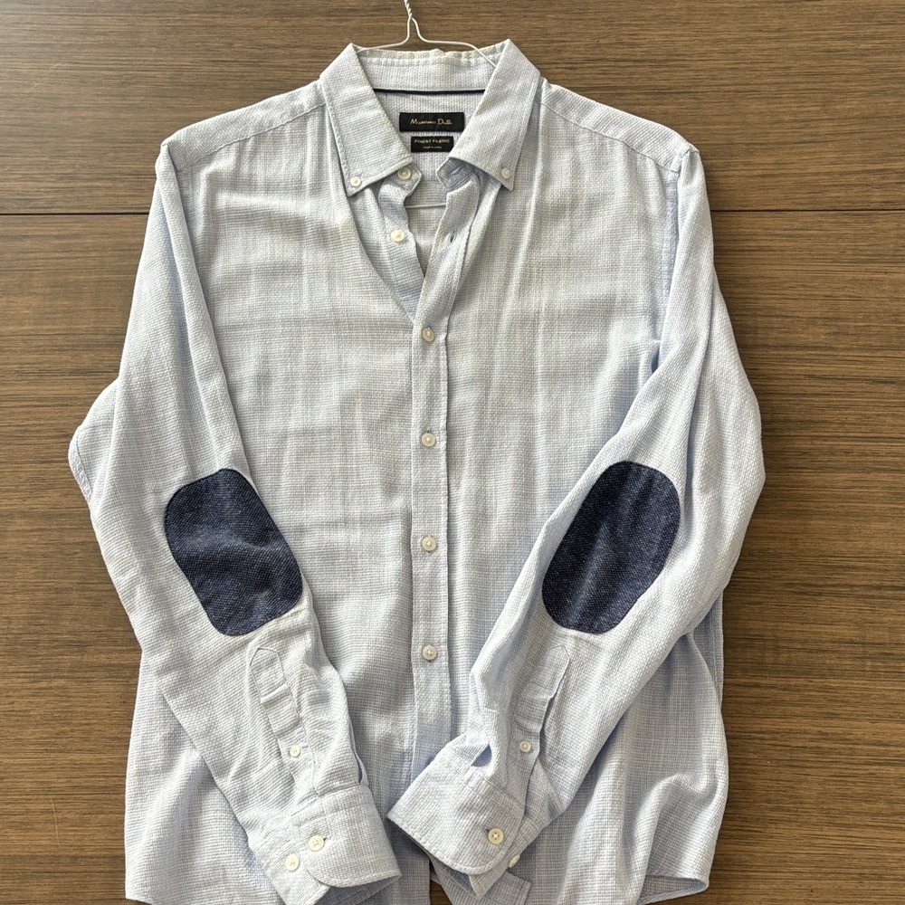Massimo Dutti Light Blue Shirt with Navy Elbow Patches